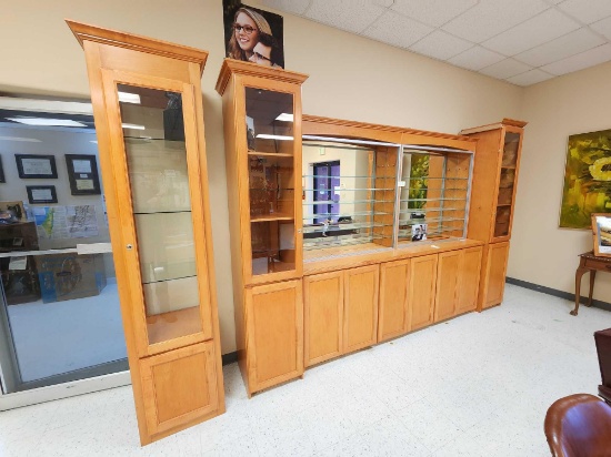 (2) Wooden Tower Display Cabinets, Wooden Optical Display Cabinet w/ Mirror, Wooden Writing Desk