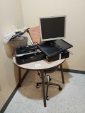 Round Table, Assistant Stool, Canon Printer, (2) Monitors, HP Desktop, Trash Bin