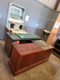 (2) Desks, Group of Glass Parts, Wooden Cabinet, Small Table, Steel Display Cabinet