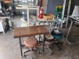 Table w/ Wheels, (5) Assistant Stools, Medical Cart, Box of Misc. Parts, (2) Fire Extinguishers