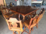 Table- Mesquite Burl Wood Inlaid with Turquoise/Copper & 10 Chairs Mesquite/Ostrich Faux Leather