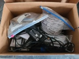 Box of Assorted Chargers, Remotes, CD Player