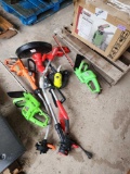 (2) Green Portland Corded Hedge Trimmers, (1) Orange Black & Decker Weed Eater, (1) Red & Black Baue