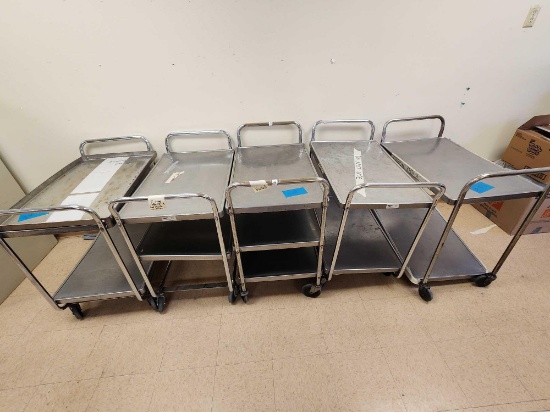 (4) 2-Shelf Stainless Steel Carts with Wheels, (1) 3-Shelf Stainless Steel Cart with Wheels