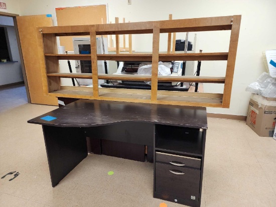 (1) 9 Shelf Wooden Cabinet, (1) 3 Wooden Office Desks, (2) Small Wooden Tables, (2) Rectangular Tabl