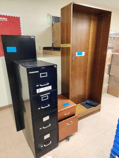 (3) Metal Filing Cabinets, (1) Rolling 2 Drawer Filing Cabinet, (3) Wooden Shelf Cabinets