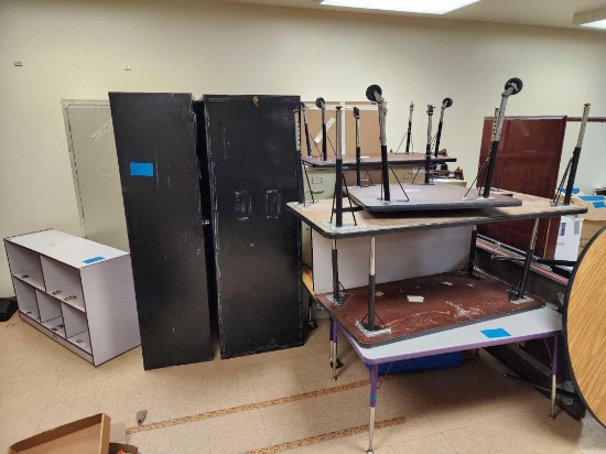 Group of Assorted Table/Tables w/ Wheels, Teacher's Desk, Medication Cabinet, (3) Filing Cabinets