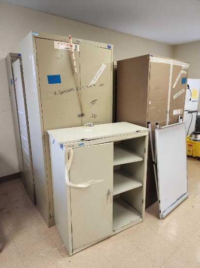 (7) Storage Cabinets, Small Storage Cabinet w/ Shelves, Whiteboard