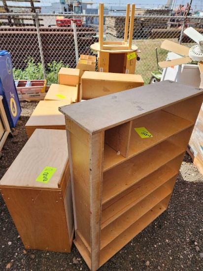 Group of Assorted Wooden Shelves/Bookshelves, Magazine Rack, Round Wooden Table