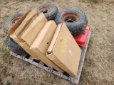 (4) Misc. Tires, (2) Red Fuel Tanks, (4) Boxes of Tire Rims