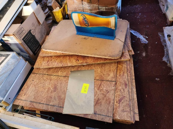 Group of Building Material Boards, (1) Rectangular Table Top, (1) Miller Lite Sign