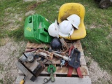 (3) Hard Hats, (2) JD Gator Seats, GE Vacuum Pump for AC Units, Misc. Tractor Items