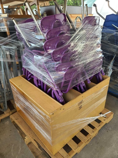 Group of Purple Rolling Student Chairs, Wooden Shelf Cart