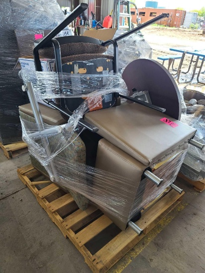 Group of Lobby Chairs, Brown Stack Chair, Microwave, Table, Etc.