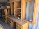 (2) Wooden Desks, (1) Oval Table, (1) Wooden Shelf, Misc. Wood Parts