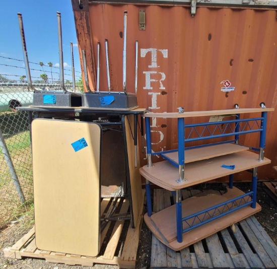 (1) Triple Deck Hardwood Platform Cart, (5) Tables, (2) Student Desks
