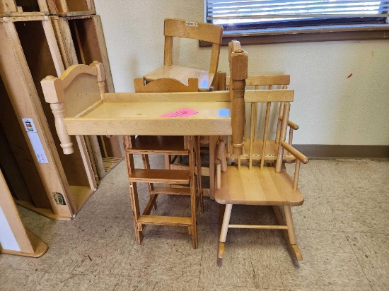 Group of Wood Doll Chairs, Wood Doll Crib