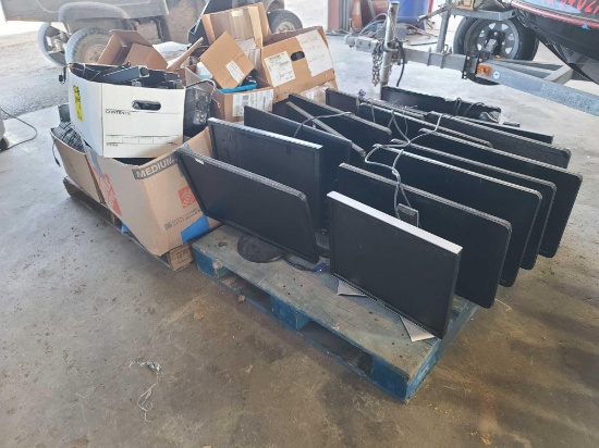 (1) Pallet of Computer Monitors & (1) Pallet with Box of Routers, Misc. Sound Bars, etc.