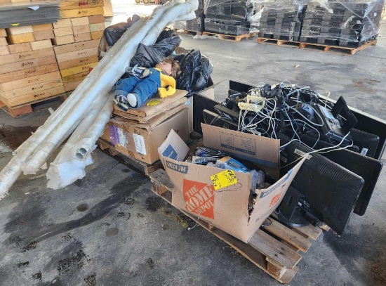 Group of Dell Monitors, (1) Box w/ Toddler Toys, (1) Red Bin w/ Security Cameras, Etc
