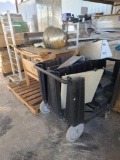 (1) Aluminum Fry Basket Rack, (1) Wooden Bench Workstation, (1) Restaurant Dish Caddy, Misc. Items