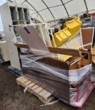 2 Pallets w/1 Stand up Locker, Rectangular Tables, Yellow Bins, Easel, Magazine Rack
