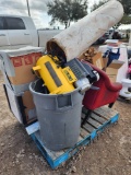 Dewalt D55166 Compressor, Plastic Trash Bin, Red Waiting Chair, Group of Outlet Boxes, Misc. Fan