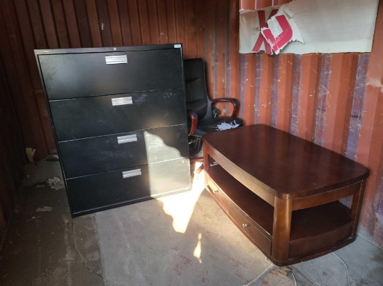 Black 4 Drw Cabinet, Black Exec. Office Chairs, Mahogany Coffee Table
