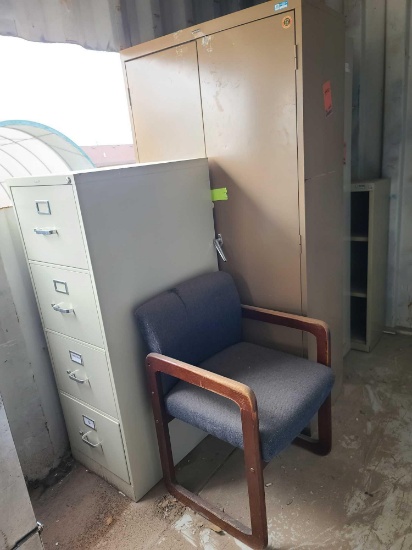 (1) Metal Fling Cabinet, (2) Metal Storage Cabinet, (1) 3-Tier Metal Shelf, (1) Chair with Cushion
