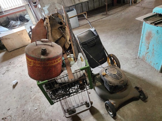 Craftsman 6.5 Horsepower Lawn Mower, Gasoline Can, Cart of Misc. Items