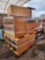 (2) Pallets w/Assorted Wooden Bookshelves, School Desk Chairs, (3) Blue Kid Tables
