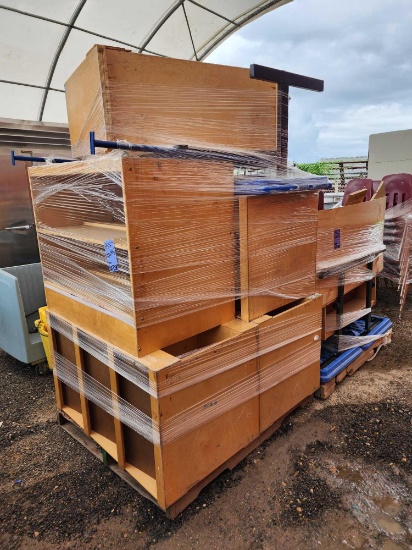 (2) Pallets w/Assorted Wooden Bookshelves, School Desk Chairs, (3) Blue Kid Tables