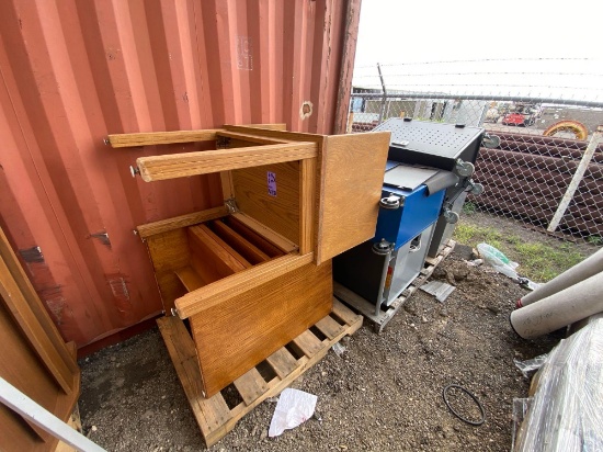 (2) Pallets w/(2) Mobile Laptop/Tablet Charging Carts, (1) File Cabinet, (2) Wooden Desk Tables,