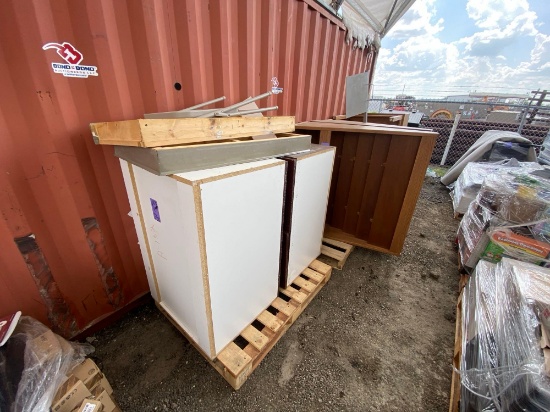 (2) Wooden Book Displays, (2) Storage Cabinets, Metal Folding Chair, Hand Sanitizer Dispenser, Plus