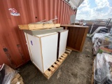 (2) Wooden Book Displays, (2) Storage Cabinets, Metal Folding Chair, Hand Sanitizer Dispenser, Plus