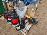 (3) Coffee Shuttles, Shrink Unit, Srl# 8804, Group of White Baskets, Rolling Caster, Gardening Tools