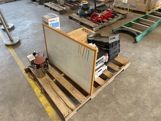 (1) Pallet w/Breakfast In Bed Tray, Ricoh Printer, Door Rack, File Trays, Heat Press Attachments,Etc
