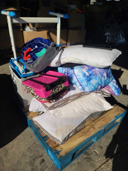 (1) Pallet w/ Pillows, Children's Cheetah Print Suitcase, Under Armor Backpack, etc.