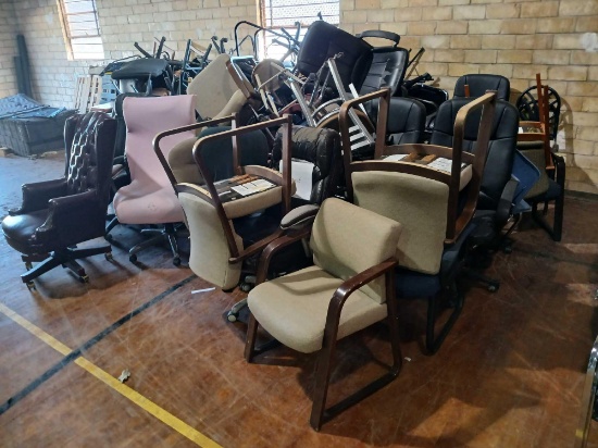 Group of Office Roll around Chairs, Stools, Stackable Chairs, Lounge Chairs.