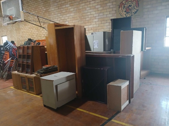 Group of Wooden Cabinets, Shelves, Lounge Sofa, Misc.