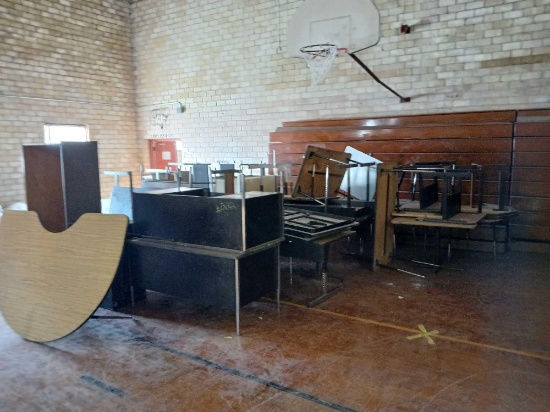 Group of Folding Tables , Rollaround Cabinets, Office Desks, Shelves, Kidney Table.