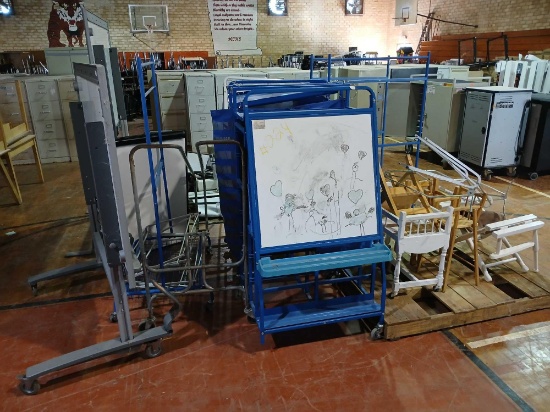 Group of Misc. Art Easel, Projector Screens, Small Wooden Chairs, Edu. Carpets, etc.