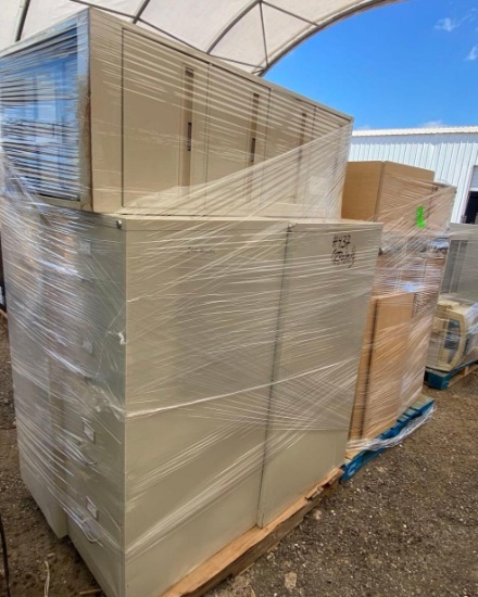 (2) Pallets w/ (5) Filing Cabinets, (3) Portable Wooden Bookshelves and (2) Portable Wooden Cabinets