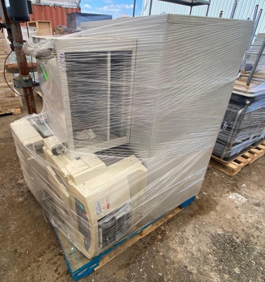 Pallet w/ (2) File Cabinets, (2) RisoGraph CR1610 Printers with (1) Storage Cabinet Rolling Piece