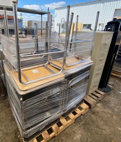 (2) Pallets w/ (2) Filing Cabinets and Student Desks
