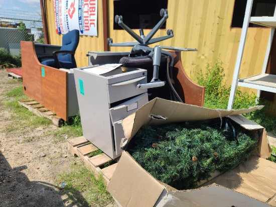 (2) Pallets w/ Office Desks, Office Rolling Chairs, Holiday Christmas Tree Decoration in box, etc.