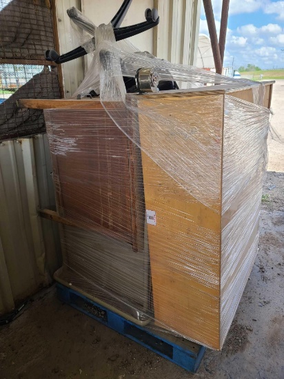 (1) Pallet of Wooden Office Flie Cabinet, Roll Around Chair And Misc.