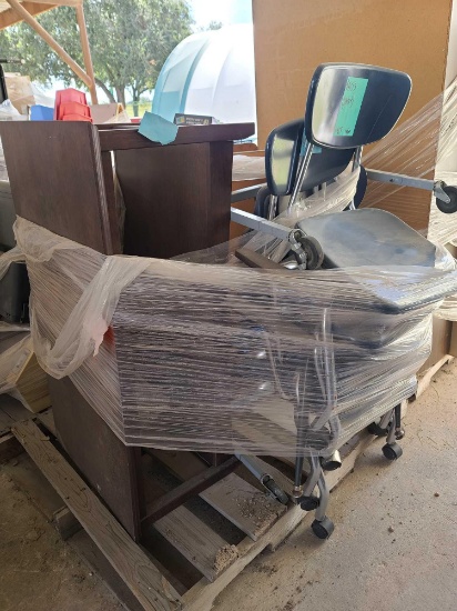 (1) Pallet w/ Mobile 2-Shelf Computer Desk, Rolling Metal Student Chairs, Book Shelf, etc.
