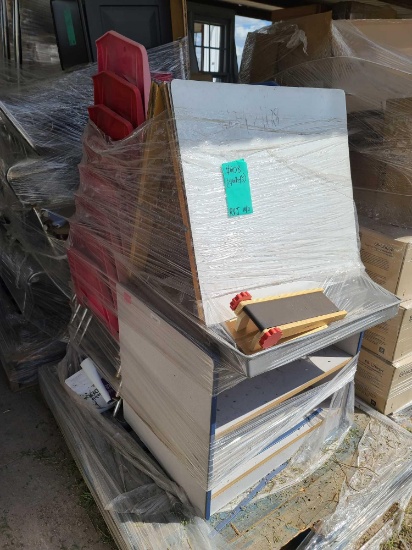 (2) Pallets w/ Blue and Red Children's Chairs, Student Desks, (1) Dry-Erase Board Activity Station