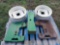 (2) 5-Hole Implement Wheels, (2) John Deere Front Suitcase Weights, (1) Counter Weight Bar on Pallet