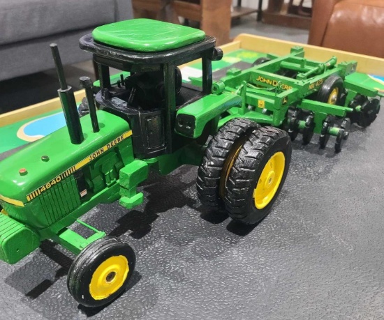 Hand Carved John Deere 4640 Tractor w/MX425 John Deere Disc. 100% Wood